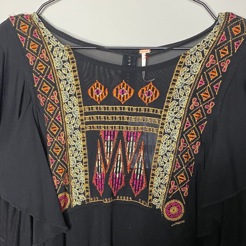 Free People Black Embroidered Ruffle Sleeve Mesh Yoke Top OB651125 Size S NEW - Picture 6 of 10